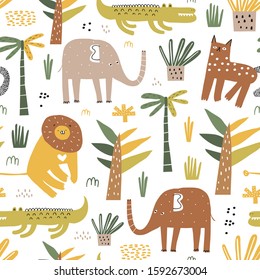 Safari animals seamless pattern with cute elephant, alligator, wild cat, cute lion and tropical plants. Vector texture in childish style great for fabric and textile, backgrounds.