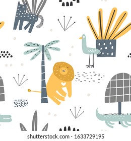 Safari animals seamless pattern with cute lion, leopard, alligator, bird and tropical plants. Vector texture in childish style great for fabric and textile, backgrounds. Pastel colors.