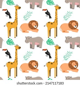 Safari animals seamless pattern with cute hippo, lion and giraffe. Vector texture in childish style great for fabric and textile, wallpapers, backgrounds, cards design EPS