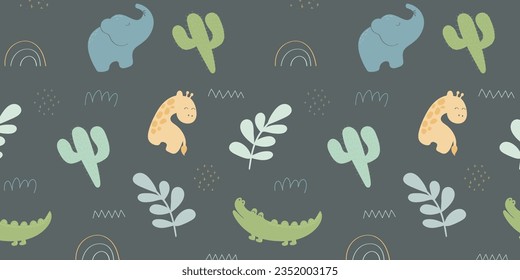 Safari animals seamless pattern with cute crocodile, elephant and giraffe. Vector texture in childish minimalistic style great for fabric and textile, wallpapers, backgrounds, cards design