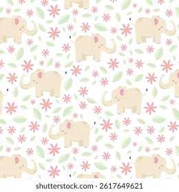 Safari animals seamless pattern with cute elephants, snail and tropical plants. Vector texture in childish style great for fabric and textile, wallpapers, backgrounds. Pastel colors.