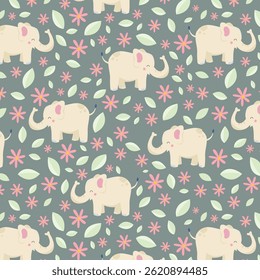 Safari animals seamless pattern with cute elephants, snail and tropical plants. Vector texture in childish style great for fabric and textile, wallpapers, backgrounds. Pastel colors.