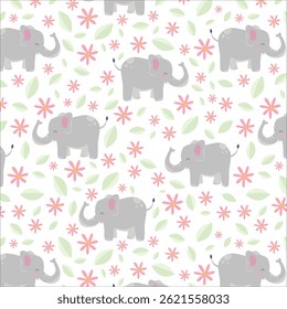 Safari animals seamless pattern with cute elephants, snail and tropical plants. Vector texture in childish style great for fabric and textile, wallpapers, backgrounds. Pastel colors.