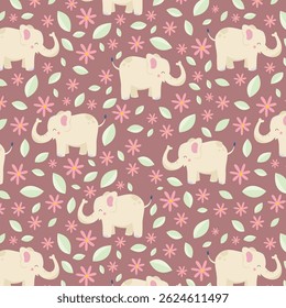 Safari animals seamless pattern with cute elephants, snail and tropical plants. Vector texture in childish style great for fabric and textile, wallpapers, backgrounds. Pastel colors.