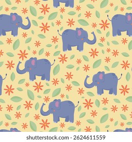 Safari animals seamless pattern with cute elephants, snail and tropical plants. Vector texture in childish style great for fabric and textile, wallpapers, backgrounds. Pastel colors.