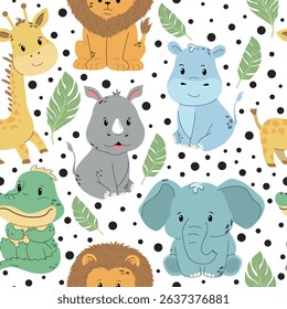 Safari children’s animals seamless pattern. Cute vector illustration with crocodile, rhinoceros, elephant, giraffe, lion, hippo