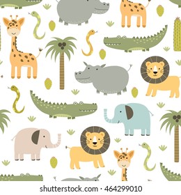 Safari animals seamless pattern with cute hippo, crocodile, lion, elephant and giraffe. Vector texture in childish style great for fabric and textile, wallpapers, backgrounds, cards design