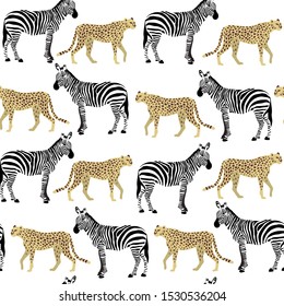 Safari Animals Seamless Pattern, Zebras and Cheetah Surface Pattern, Zebra and Leopard Vector Repeat Pattern for Home Decor, Textile Design, Fabric Printing, Stationary, Packaging or Background 