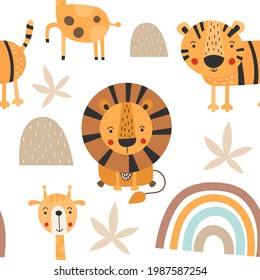 Safari animals seamless repeat kids pattern. Wallpaper design for baby room. Cute lion, tiger, giraffe on white background.