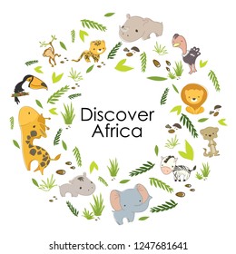 Safari animals set. Cute wild animals and savannah plants. Kid style. Hand drawn vector illustration in a circle shape with a space for your text for social media, ads, or printed products.