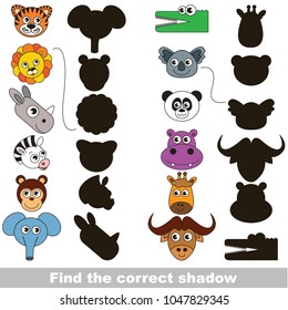 Safari animals set to find the correct shadow, the matching educational kid game to compare and connect objects and their true shadows, simple gaming level for preschool kids.
