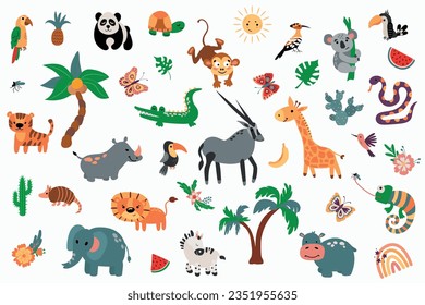 Safari animals set. Hand drawn style. White background, isolate
