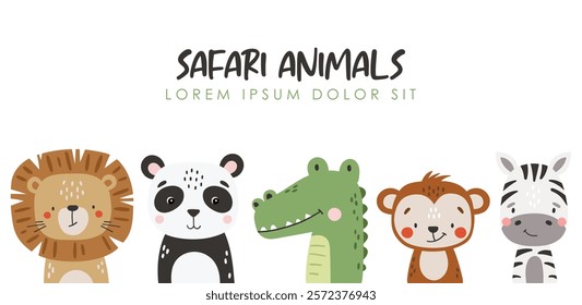 	
Safari animals set isolated, cute tropical animals, kids illustrations	
