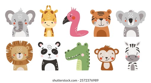 	
Safari animals set isolated, cute tropical animals, kids illustrations	
