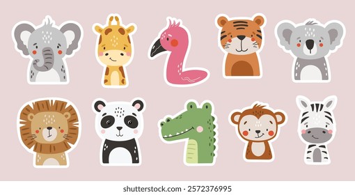 Safari animals set isolated, cute tropical animals, kids printable stickers, vector cartoon