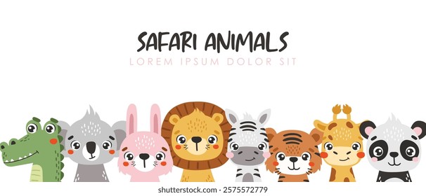 Safari animals set isolated, cute tropical animals, kids illustrations
