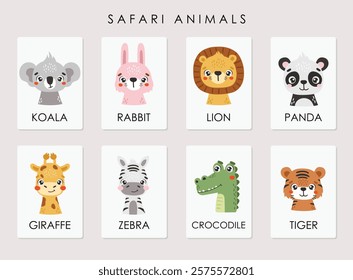 Safari animals set isolated, cute tropical animals, kids posters, vector cartoon