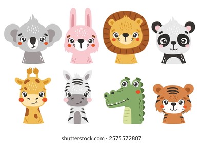 Safari animals set isolated, cute tropical animals, kids illustrations