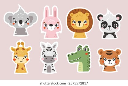 Safari animals set isolated, cute tropical animals, kids printable stickers, vector cartoon