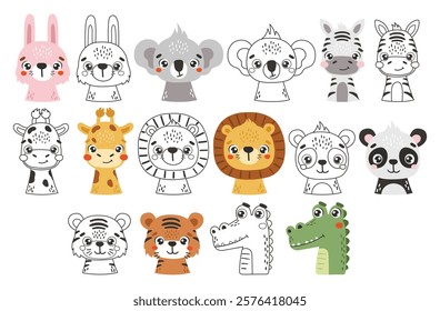 Safari animals set isolated, cute jungle animals, kids illustrations