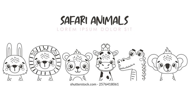 Safari animals set isolated, cute jungle animals, kids illustrations