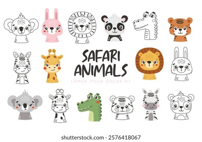 Safari animals set isolated, cute jungle animals, kids illustrations