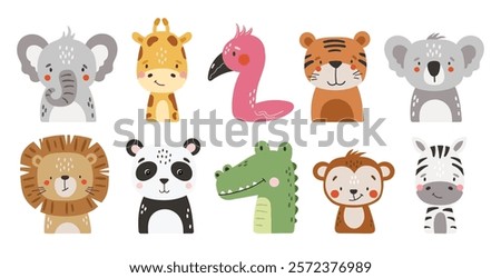	
Safari animals set isolated, cute tropical animals, kids illustrations	
