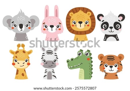 Safari animals set isolated, cute tropical animals, kids illustrations