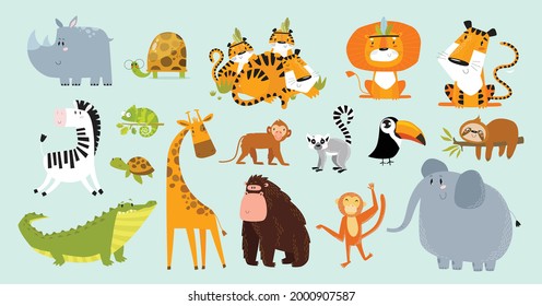 Safari animals set. Vector animals. Wild animals. Cartoon characters.