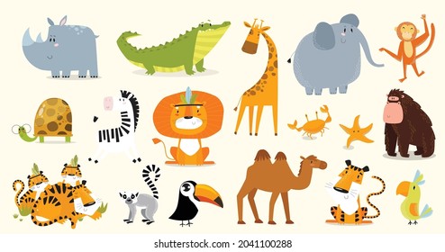 Safari animals set. Vector animals. Wild animals. Cartoon characters.