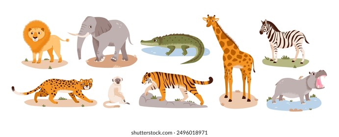 Safari animals set. Wild jungle animals. Flat vector savannah characters isolated on white background.