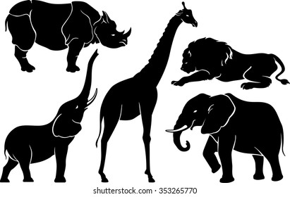 Safari Animals Set-Variations of animals found in wild isolated silhouette