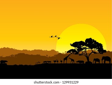 Safari Animals Silhouette At Sunset, Vector