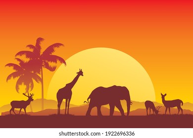 Safari Animals Silhouette In Sunset Vector Illustration