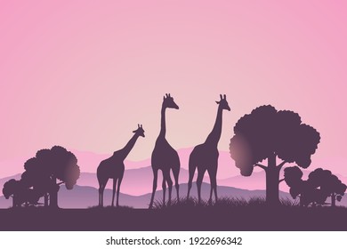 Safari Animals Silhouette In Sunset Vector Illustration