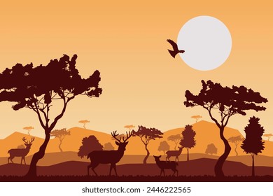Safari animals silhouette at sunset, vector