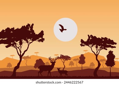 Safari animals silhouette at sunset, vector