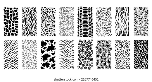 Safari animals skin seamless pattern set. Mammals Fur. Collection of exotic clothes printing or wallpaper texture vector set. Predators Camouflage. Printable Background. Vector illustration.