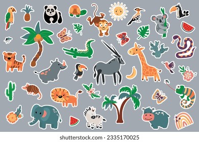 Safari animals sticker set. Drawn style.
