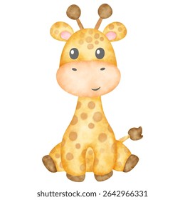 Safari Animals and Tropical Leaves. Giraffe animal cute. Watercolor Illustration Cute Baby Giraffe and Tropical Leaves. Cute giraffe with watercolor effect