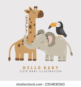 Safari animals vector, Abstract baby animals vector, safari baby animals, cute animals isolated, adorable toucan, giraffe and elephant for print