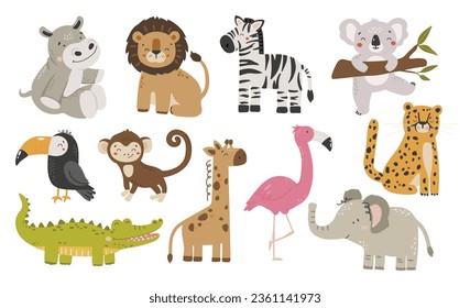 Vector de animales de safari, vector de animales de bebé abstractos, animales lindos aislados, animales de safari adorables, ilustración de vector de niños