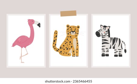 Safari animals vector, Abstract baby animals vector, safari baby animals, cute animals isolated, adorable jaguar, flamingo and zebra for kids products