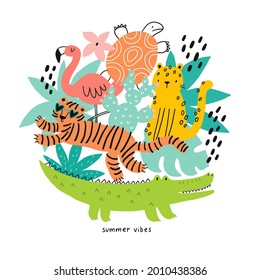 Animales Safari - impresión vectorial. Tigre de animales africanos, flamingo, cocodrilo, leopardo, tortuga de estilo plano