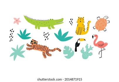 Animales Safari - impresión vectorial. Tigre de animales africanos, flamingo, cocodrilo, leopardo, tortuga de estilo plano