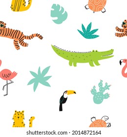 Safari animals - vector print. African animals tiger, flamingo, crocodile, leopard, turtle in flat style - seamless pattern