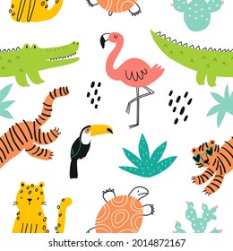 Safari animals - vector print. African animals tiger, flamingo, crocodile, leopard, turtle in flat style - seamless pattern