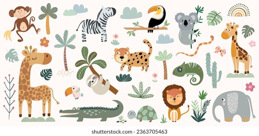 Animales de Safari y colección de vegetación con elementos lindos aislados en blanco, crianza de niños pequeños, diseño vectorial