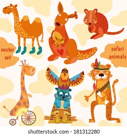 Safari animals:Quokka, tiger, camel, giraffe,  kangaroo in vector.  (All objects are isolated groups so you can move and separate them)