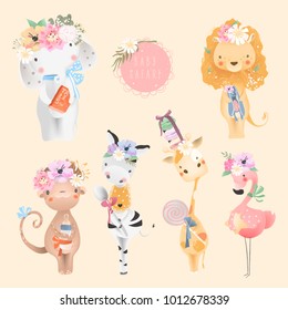 Safari baby animals collection. Elephant, lion, monkey, zebra, flamingo bird and giraffe with baby accessories, floral flower bouquet and tied bows